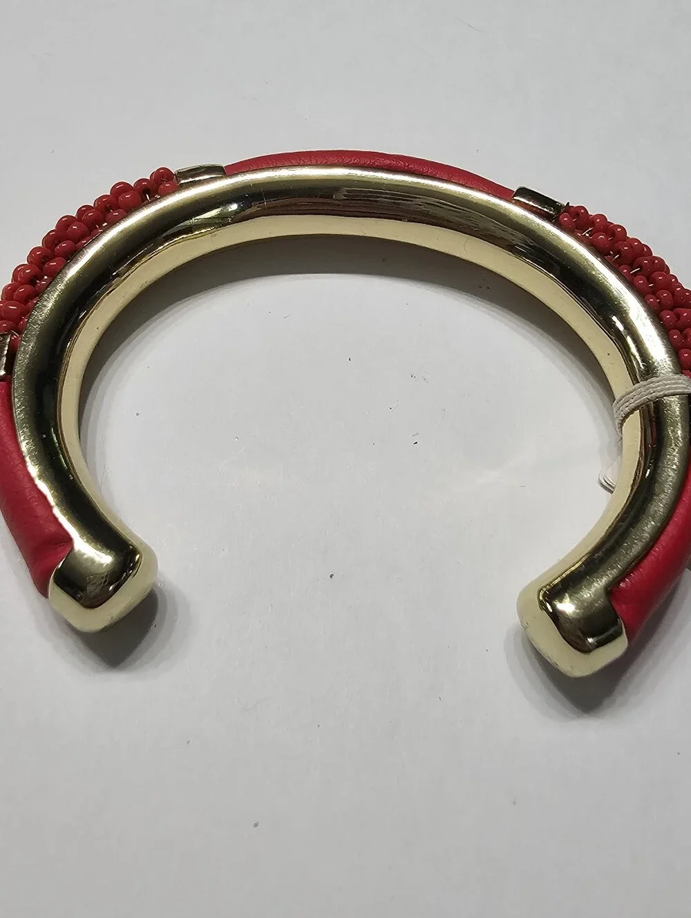 NWT Chunky Gold Red Leather & Beaded Statement Cuff Bracelet